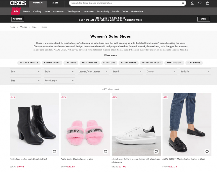 asos shows ecommerce page example